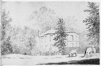 A Country House with Three Horses Grazing in the Right Foreground