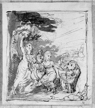 Three Children and a Dog Gathering Fruit