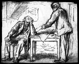 Two Men at a Table, One Seated One Standing