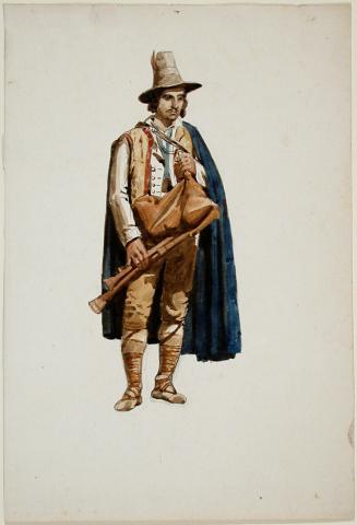 Standing Male Figure in Cape Holding a Bagpipe