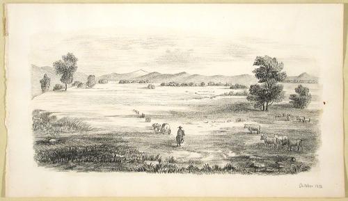 Landscape with Covered Wagon, Figure on Horse, and Cattle, October, 1872
