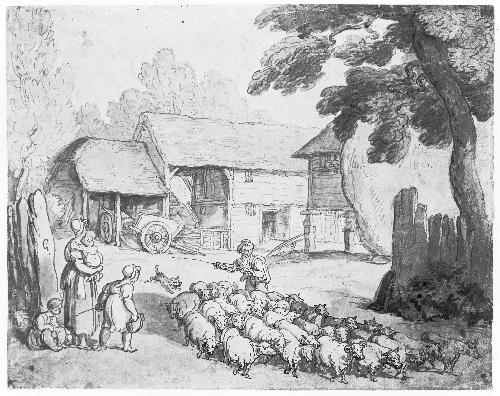 A Man Herding Sheep; Figures to the Left; Farmbuildings in the Background