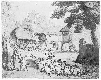 A Man Herding Sheep; Figures to the Left; Farmbuildings in the Background