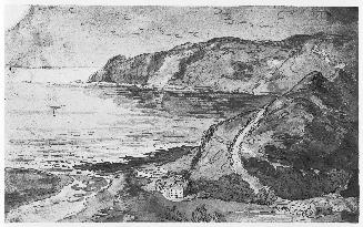 Coastal View from a Bluff, a House in Center Foreground, Bridge and House to Right