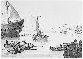 Harbor Scene with Many Figures in Boats; Man O' War to Left