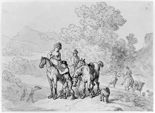 Figures on Horseback; a Boy Adjusting a Lady's Saddle