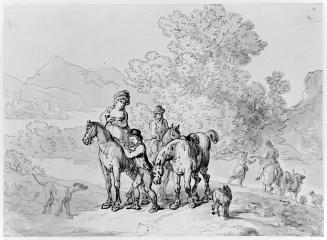 Figures on Horseback; a Boy Adjusting a Lady's Saddle