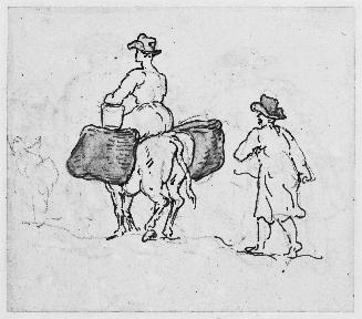 A Woman Seated on an Ox with Side Baskets, Followed by a Man