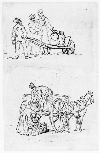 Two Sketches: [top] A Man and Two Women with a Wheel Barrow, [bottom] A Man and a Woman with a Market Cart