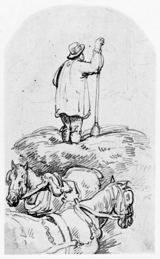 A Farmer Standing on Hay; Two Horses
