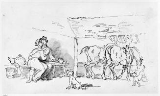 Stable Scene with Embracing Couple, Two Horses, and Two Dogs