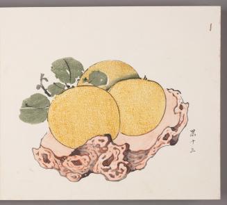 Three Citrons on a wooden platter (three oranges/citrus, xiangyuan)