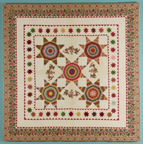 "Lone Star" Appliqued Chintz and Pieced Quilt