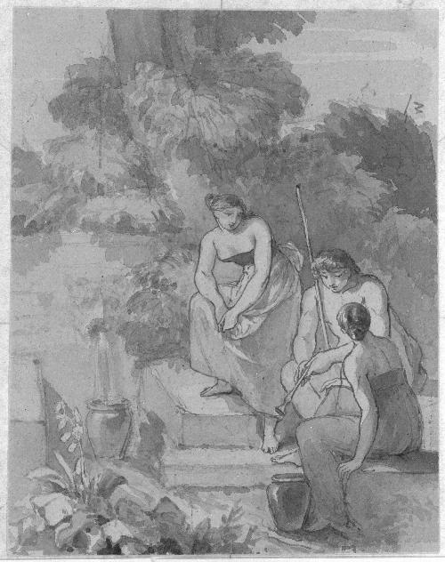 Three Figures Seated Near a Fountain