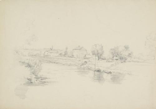 River Scene with Barge, Houses and Windmill