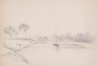 River Scene with Boat and Distant Spire
