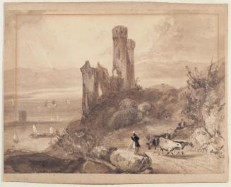 Castle Overlooking a Port, Cattle and Herdsmen in Foreground