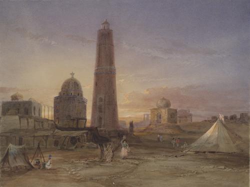 View at Scinde, Tower, Tombs and Tent at Sunset
