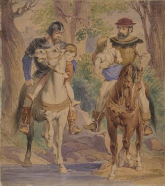 Two Horsemen Carrying Children