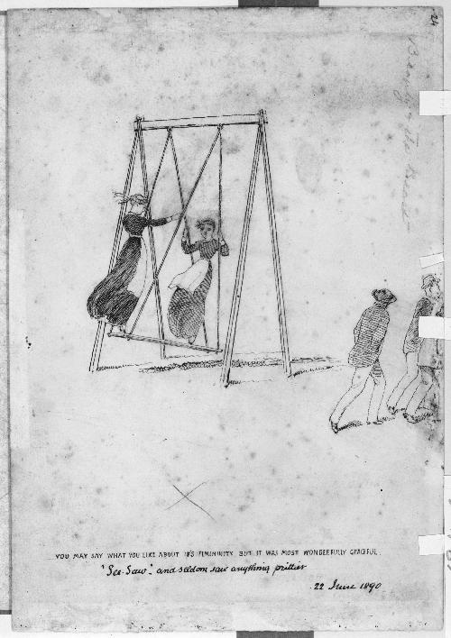 Sketch of three men walking past two girls on a swing