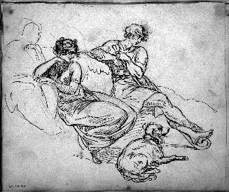 Three Seated Figures and a Dog