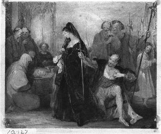 Man Offering his Sword to a Lady Beside a Coffin