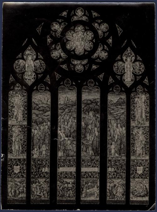 Saint Matthew; Saint Mark; Teaching the Ignorant; Sermon on the Mount; Feeding the Hungry; Leading the Blind; Visiting the Sick; Saint Luke; Saint John; Visiting the Prisoners; Clothing the Naked