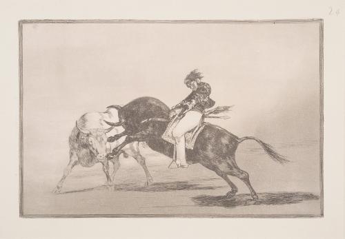 The same Ceballos mounted on another bull breaks short spears in the ring at Madrid (El mismo Ceballos montado sobre otro toro quiebra rejones el la plaza de Madrid)