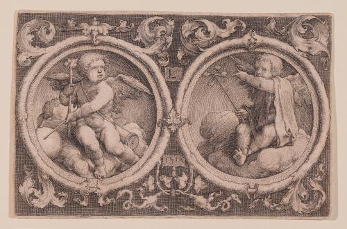 Two Putti Seated in Clouds in Circles with Tendrils