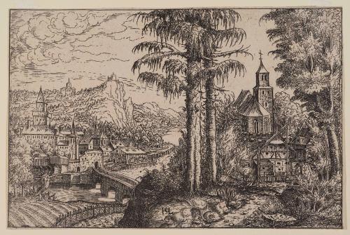 View of a Town near a River with a Church on the Right