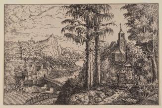 View of a Town near a River with a Church on the Right