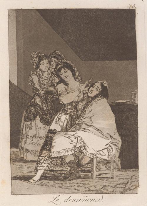 She fleeces him (Le descañona), Plate 35 from Los Caprichos