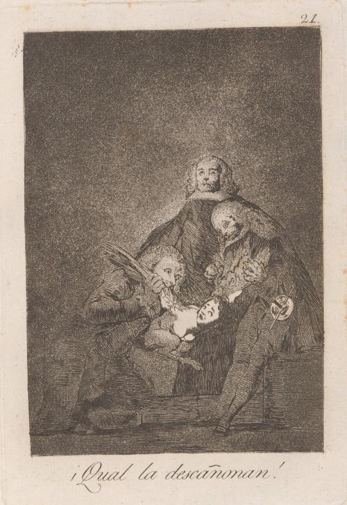 How they pluck her! (¡Qual la descañonan!), Plate 21 from Los Caprichos