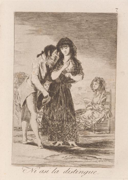 Even thus he cannot make her out (Ni asi la distingue), Plate 7 from Los Caprichos