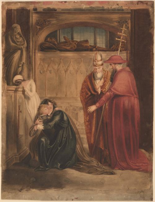 Two Churchmen with Two Grieving Women