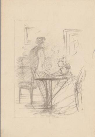 Man and Woman Talking, Woman Seated at Table