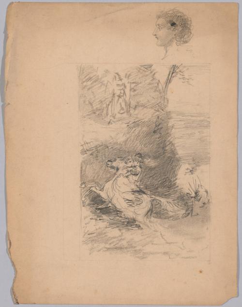 Man and Woman on a Rearing Horse in Rocky Landscape