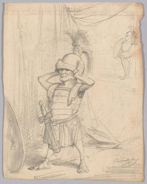 Man in Armor Trying on a Helmet
