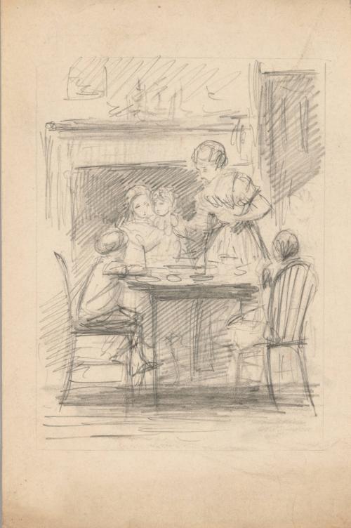 Family Around a Table in Front of Fireplace