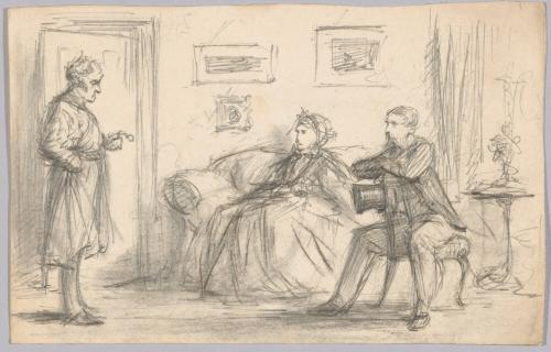 Standing Man Speaking to Seated Man and Woman
