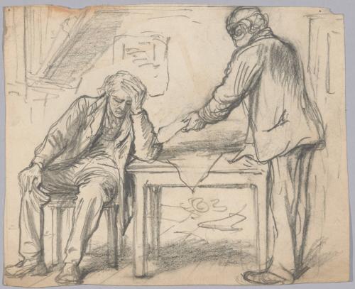 Two Men at a Table, One Seated One Standing