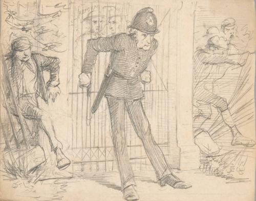 Policeman Attempting to Hold a Gate