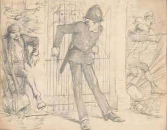 Policeman Attempting to Hold a Gate