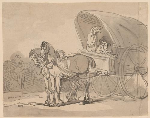 A Covered Wagon, Two Horses, and Two Figures