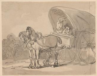 A Covered Wagon, Two Horses, and Two Figures