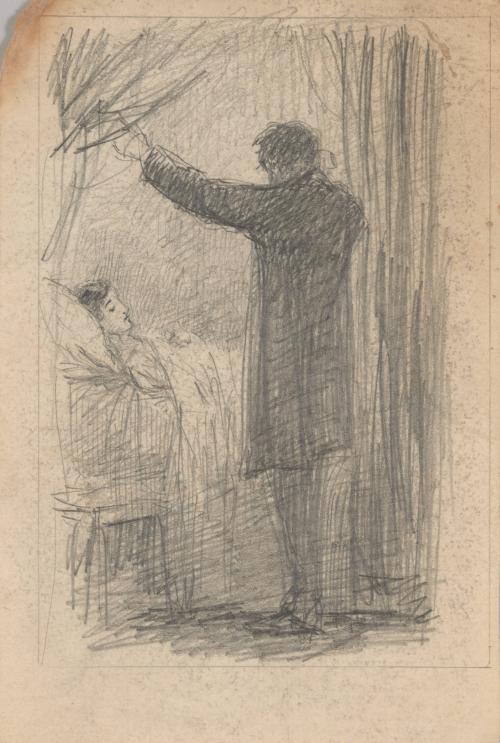 Man with Upraised Arms Looking at a Figure in Bed