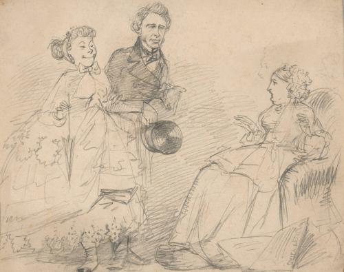 Couple Greeting an Older Seated Woman