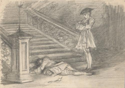 Man in Standing Over Another at Foot of Stairs