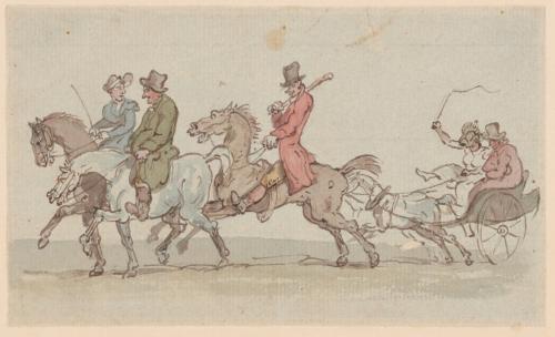 Three Figures on Horseback and Two in a Carriage