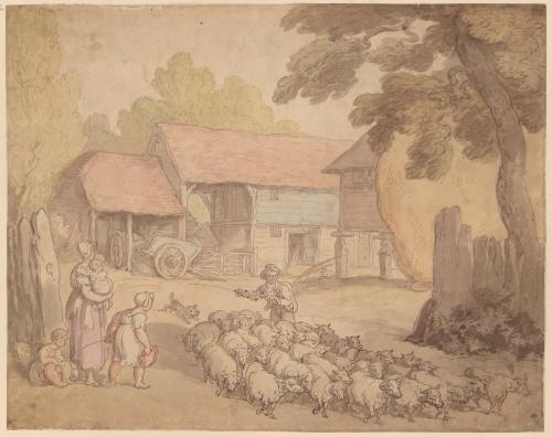 A Man Herding Sheep; Figures to the Left; Farmbuildings in the Background
